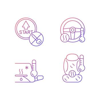 Modern automotive features gradient linear vector icons set. Push button start. Providing comfort to driver. Defrosting. Thin line contour symbols bundle. Isolated outline illustrations collection
