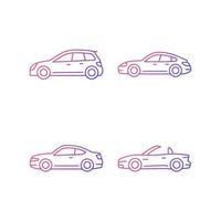 Practical sports cars gradient linear vector icons set. Hatchback model. Sports sedan. Coupe automobile. Cabriolet. Thin line contour symbols bundle. Isolated outline illustrations collection