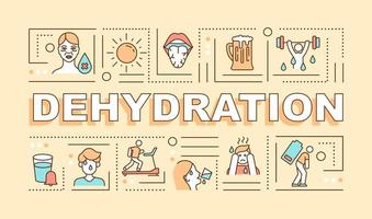 banner de conceptos de palabra de deshidratación. síntoma de pérdida de agua y prevención. infografías con iconos lineales sobre fondo amarillo. tipografía creativa aislada. ilustración de color de contorno vectorial con texto vector