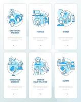 Water consumption blue onboarding mobile app page screen set. Dehydration factors walkthrough 3 steps graphic instructions with concepts. UI, UX, GUI vector template with linear color illustrations