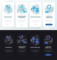 Challenging consumerism dark, light onboarding mobile app page screen. Walkthrough 4 steps graphic instructions with concepts. UI, UX, GUI vector template with linear night and day mode illustrations