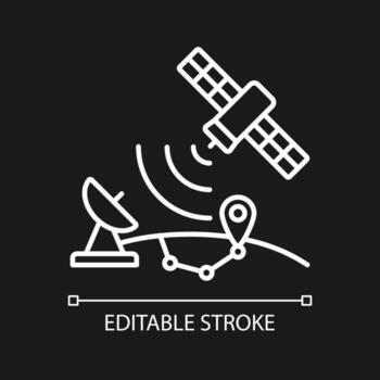 Global Positioning System white linear icon for dark theme. Satellite-based radionavigation system. Thin line customizable illustration. Isolated vector contour symbol for night mode. Editable stroke