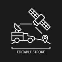 Military use of satellites white linear icon for dark theme. Signal receiving dish satelite. Thin line customizable illustration. Isolated vector contour symbol for night mode. Editable stroke