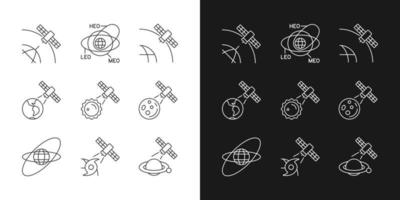 Satellites functions linear icons set for dark and light mode. Global telecommunications network connection. Customizable thin line symbols. Isolated vector outline illustrations. Editable stroke