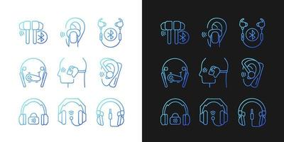 Earphones gradient icons set for dark and light mode. Professional headphones for music mastering. Thin line contour symbols bundle. Isolated vector outline illustrations collection on black and white