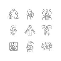 Phobias and its symptoms linear icons set. Vomiting and nausea. Hyperventilation and consternation. Customizable thin line contour symbols. Isolated vector outline illustrations. Editable stroke