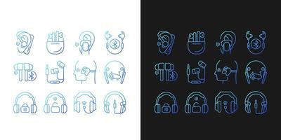 Different types of headphones gradient icons set for dark and light mode. Over ear headset. Thin line contour symbols bundle. Isolated vector outline illustrations collection on black and white