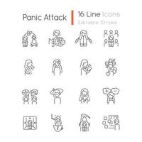 Panic disorder linear icons set. Symptoms and treatment. Anxiety and panic attack. Mental problems. Customizable thin line contour symbols. Isolated vector outline illustrations. Editable stroke