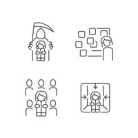 Fears and phobias linear icons set. Fear of crowd and death. Depersonalization due to awe. Panic attack. Customizable thin line contour symbols. Isolated vector outline illustrations. Editable stroke