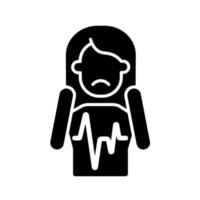 Heart palpitations black glyph icon. Fast beating and fluttering heart. Panic attack and fear symptom. Health problem. Mental disorders. Silhouette symbol on white space. Vector isolated illustration