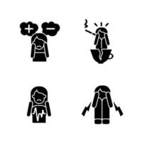 Physical symptoms of anxiety black glyph icons set on white space. Heart palpitation. Indecisive person. Stimulants trigger panic episode. Silhouette symbols. Vector isolated illustration