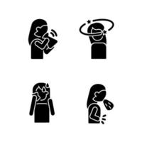 Panic disorder symptoms black glyph icons set on white space. Nausea and dizziness. Anxiety and stress signs. Mental disorders. Hot flushes. Silhouette symbols. Vector isolated illustration
