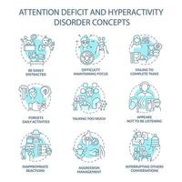 Attention deficit and hyperactivity disorder concept icons set. Be easily distracted idea thin line color illustrations. Failing to complete tasks. Vector isolated outline drawings. Editable stroke