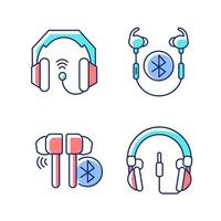 In ear and on ear headphones RGB color icons set. Wired headset for professional music mastering. Wireless earpieces for calls. Isolated vector illustrations. Simple filled line drawings collection