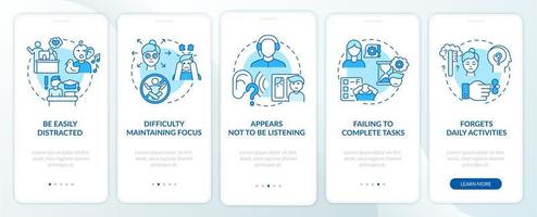 Inattentiveness signs onboarding mobile app page screen. Concentration difficulties walkthrough 5 steps graphic instructions with concepts. UI, UX, GUI vector template with linear color illustrations