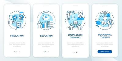 Treatment plan for ADHD onboarding mobile app page screen. Medication therapy walkthrough 4 steps graphic instructions with concepts. UI, UX, GUI vector template with linear color illustrations