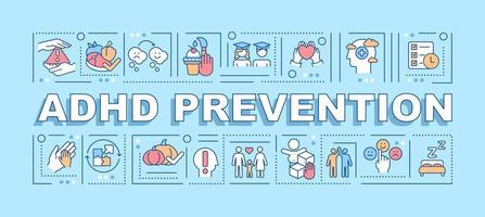ADHD prevention word concepts banner. Cognitive behavioral therapy. Infographics with linear icons on blue background. Isolated creative typography. Vector outline color illustration with text