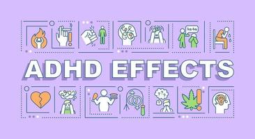ADHD effects word concepts banner. Mood swings. Poor self-control. Infographics with linear icons on purple background. Isolated creative typography. Vector outline color illustration with text