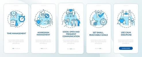 Parenting children with ADHD onboarding mobile app page screen. Aggression control walkthrough 5 steps graphic instructions with concepts. UI, UX, GUI vector template with linear color illustrations