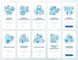 ADHD diagnosis onboarding mobile app page screen set. Compulsive behavior signs walkthrough 5 steps graphic instructions with concepts. UI, UX, GUI vector template with linear color illustrations