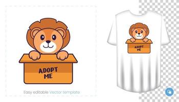 Cute lion character. Prints on T-shirts, sweatshirts, cases for mobile phones, souvenirs. Isolated vector illustration on white background.