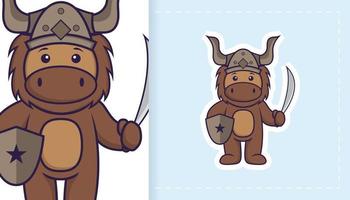 Cute bull mascot character. Can be used for stickers, patches, textiles, paper. Vector illustration