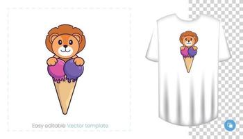 Cute lion character. Prints on T-shirts, sweatshirts, cases for mobile phones, souvenirs. Isolated vector illustration on white background.