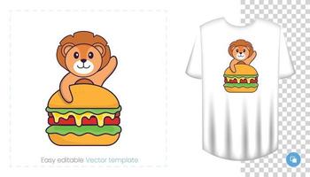 Cute lion character. Prints on T-shirts, sweatshirts, cases for mobile phones, souvenirs. Isolated vector illustration on white background.