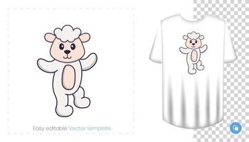 Cute sheep character. Prints on T-shirts, sweatshirts, cases for mobile phones, souvenirs. Isolated vector illustration on white background.