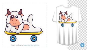 Cute cow character. Prints on T-shirts, sweatshirts, cases for mobile phones, souvenirs. Isolated vector illustration on white background.