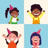 Dibujos animados de niñas y niños con diseño de vector de sombreros de feliz cumpleaños