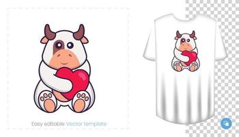 lindo personaje de vaca. estampados en camisetas, sudaderas, fundas para móviles, souvenirs. Ilustración de vector aislado sobre fondo blanco.