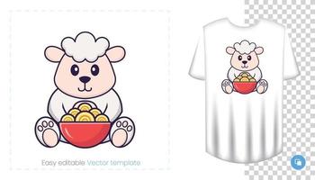 Cute sheep character. Prints on T-shirts, sweatshirts, cases for mobile phones, souvenirs. Isolated vector illustration on white background.