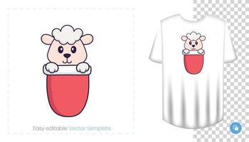 Cute sheep character. Prints on T-shirts, sweatshirts, cases for mobile phones, souvenirs. Isolated vector illustration on white background.