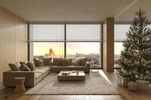 árbol de navidad con juguetes y regalos decoran el diseño interior moderno. Ilustración de render 3D sala de estar con ventanas y vista de nieve de invierno, puesta de sol. foto