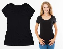 Asian girl in black t shirt mockup isolated on white background, black T shirt closeup photo