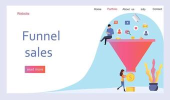 Social media sales funnel design concept with small people. Landing page template for web. vector