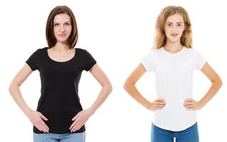 Close up of woman in blank white and black t-shirt. Mock up of tshirt isolated on white. Girl in stylish t shirt. photo