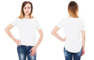 front back views woman t-shirt,white tshirt set isolated,mock up photo