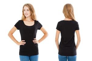 collage empty t-shirt, woman in blank t shirt - front back views, black tshirt isolated on white photo