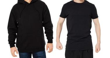 Black Hoody T-shirt mock up set isolated front view, man in black hoody and man in t shirt mockup set isolated on white background. Two guys in empty black hoodie and tshirt collage photo