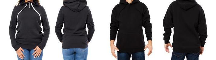 female and male hoodie mock up isolated - hood set front and back view, girl and man in empty black pullover photo