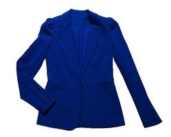 Cerrar traje azul femenino aislado sobre fondo blanco, chaqueta azul closeup foto