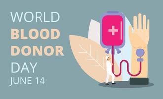 World blood donor day concept vector with tiny doctor, blood donation. Medical illustration on June 14. It is for website, landing page, app, banner.
