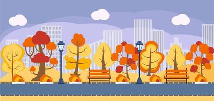 Autumn  panorama vector background, banner. City, public garden, square, acreage, plaza with yellow and red, green trees, and outdoor benches. Empty street tree path, road, landscape.