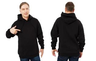 Happy man in template mens black hoodie sweatshirt isolated on white background. Man in black blank sweatshirt hoody with copy space and mockup for design logo print, Front and back view. photo