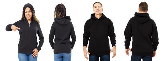 Front back and rear black sweatshirt view. Beautiful black woman and man in template clothes for print and copy space isolated on white background. Mock up photo