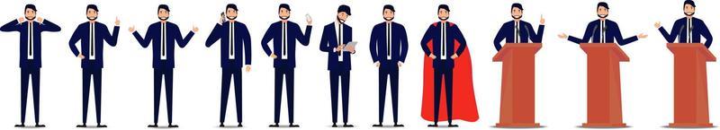Big set of cartoon businessman characters, different poses of man.