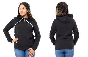 Hoody mock up set front and back view - Afro american girl in stylish empty pullover mockup, hood for logo photo