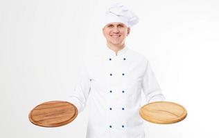 smile chef holding empty pizza board isolated on white background , food and drink concept photo
